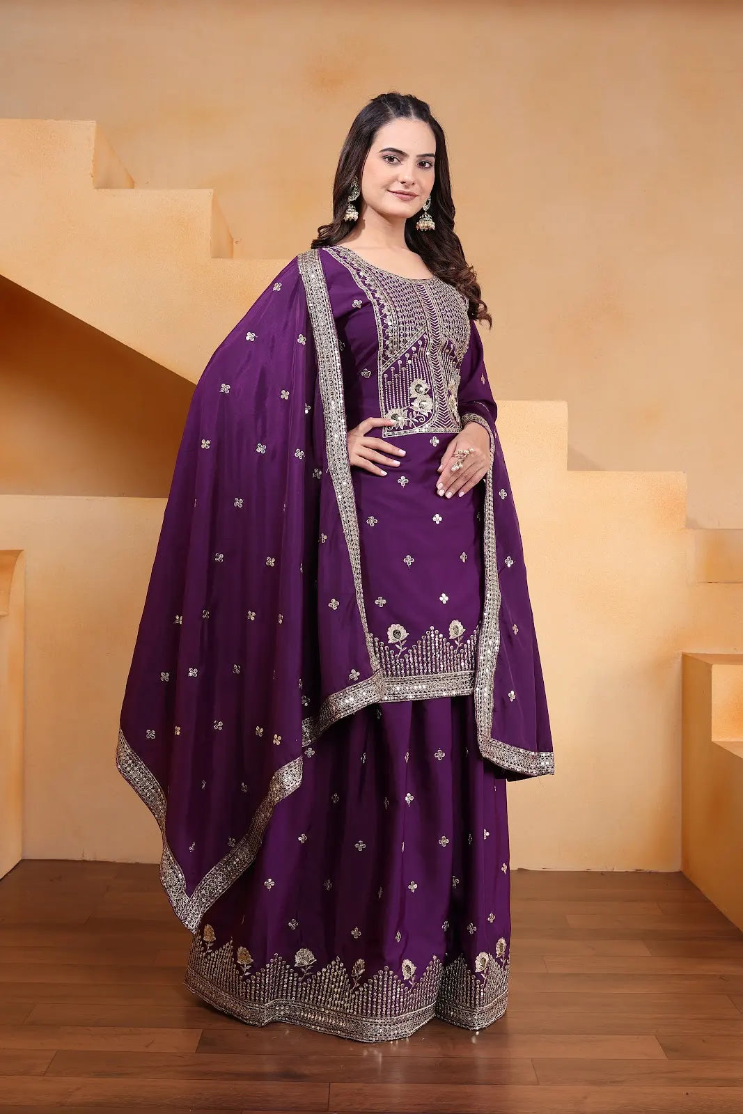Women's Gorgeous Embroidery Work Natural Crep Fabric Straight Kurta Sharara and Dupatta Set