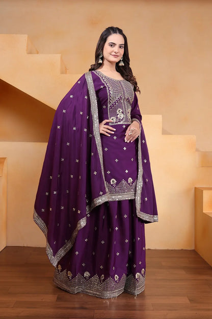 Women's Gorgeous Embroidery Work Natural Crep Fabric Straight Kurta Sharara and Dupatta Set