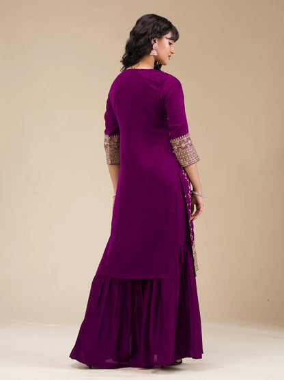 Beautiful Embroidered Vichitra Silk Fabric Straight Kurta, Palazzo and Dupatta Set