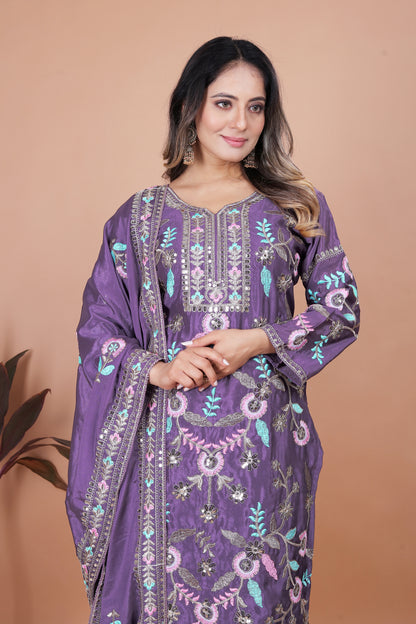 Women's Beautiful Embroidery Chinon Fabric Straight Kurta Pant and Dupatta Set