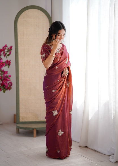 Rust Heavy Fendy satin With Butterfly Embroidered Beads Work saree With Unstitched Blouse