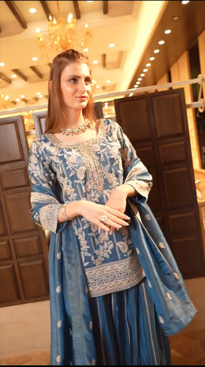Women's Chinon fabric Embroidery work Kurta with Sharara and Dupatta set 76