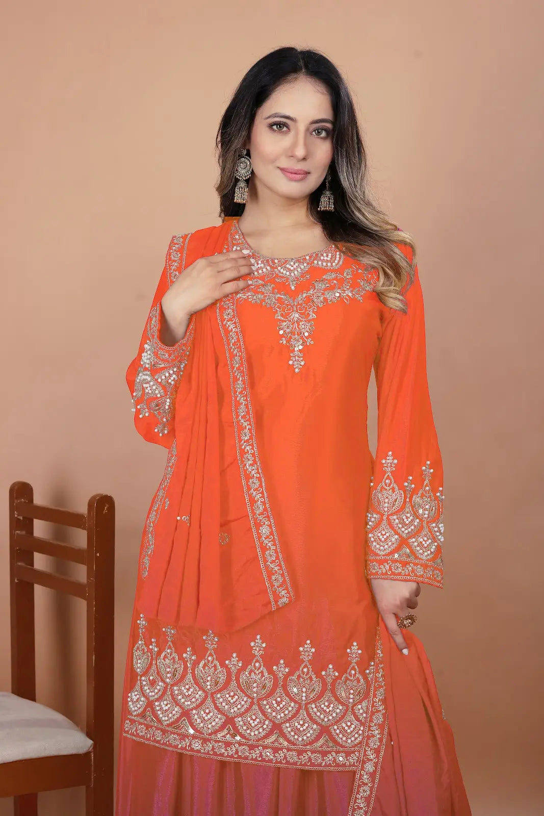 Women's Gorgeous Embroidery Work Chinon Fabric Straight Kurta Sharara and Dupatta Set