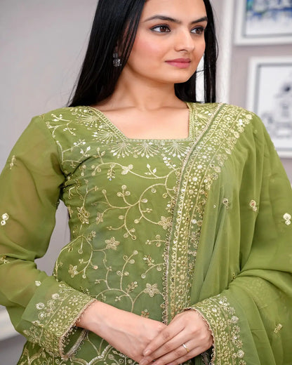 Women's Gorgeous Heavy Embroidery Fox Georgette Fabric Straight Kurta Sharara and Dupatta Set