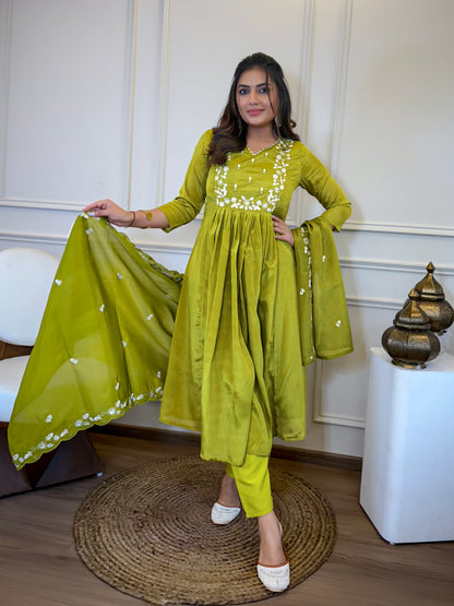 Women's Gorgeous Chinon Embroidery Straight Kurta with Pant And Dupatta Set
