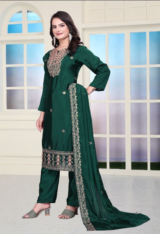 Women's Chinon fabric Embroidery work Kurta with Pant and Dupatta set