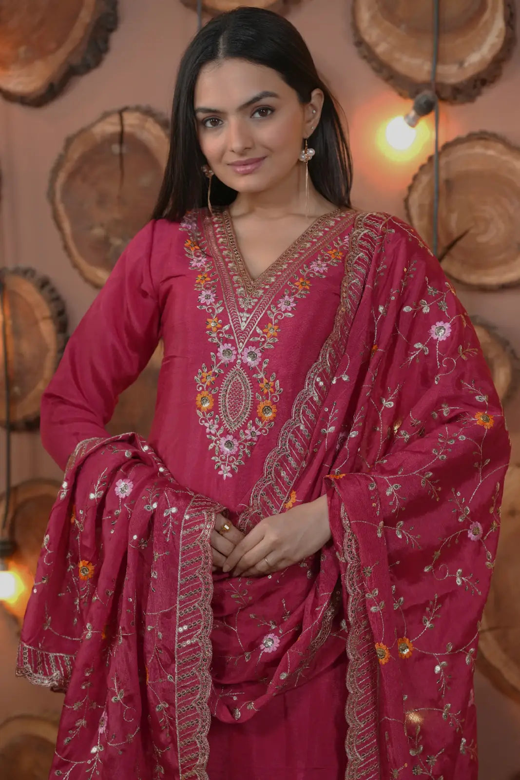 Women's Gorgeous Embroidery Work Chinon Fabric Straight Kurta Pant and Dupatta Set