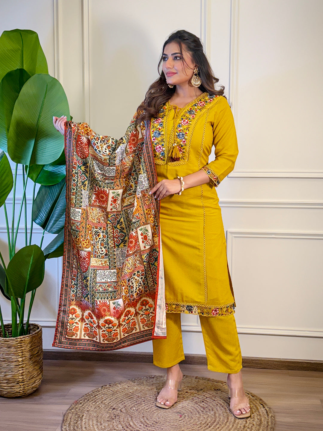 Women's Gorgeous Viscose Embroidery Straight Kurta with Pant And Dupatta Set Mustard 3887