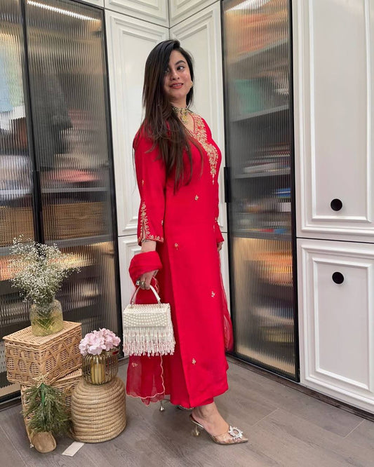 Beautiful Embroidery Rayon Fabric Straight Kurta Pant with Dupatta Set