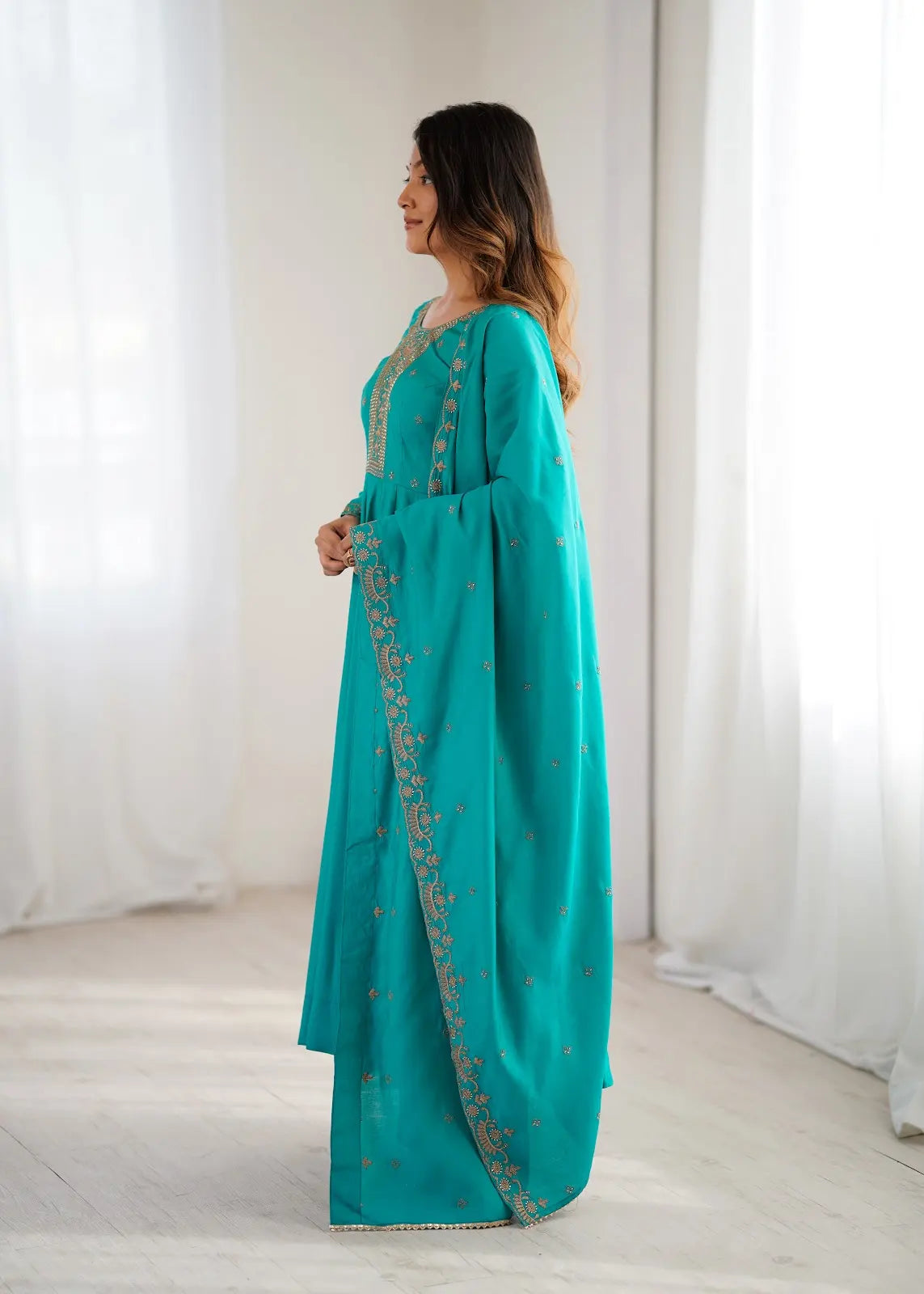 Women's Beautiful Embroidery Work Shimmer Chanderi Silk Fabric Flared Anarkali Pant and Dupatta Set