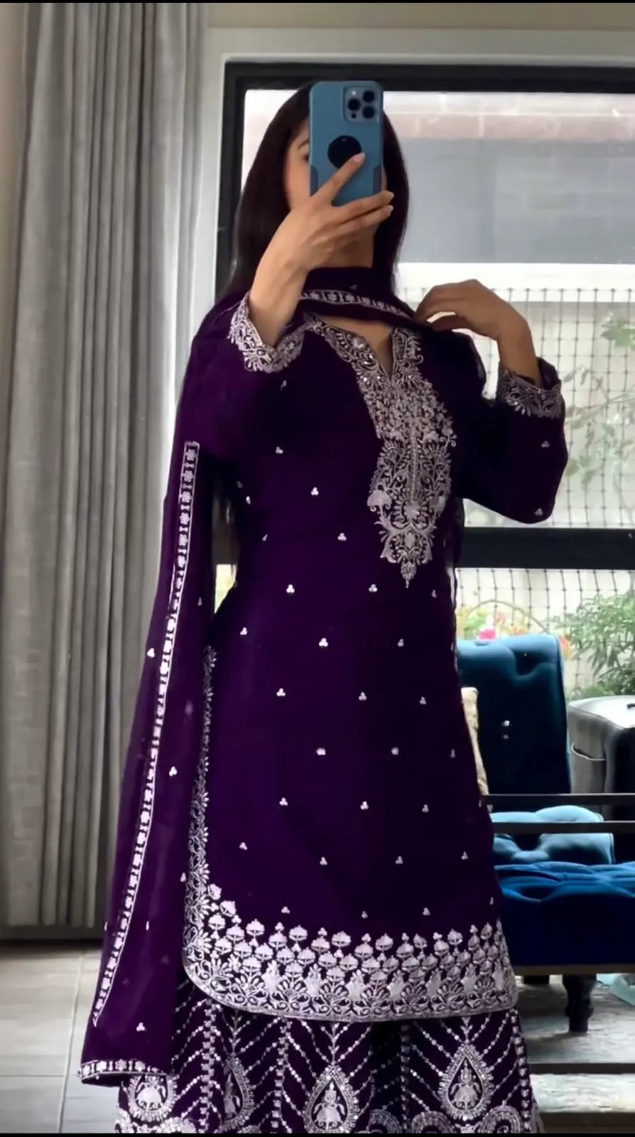 Women's Chinon fabric Embroidery work Kurta with Sharara and Dupatta set-78