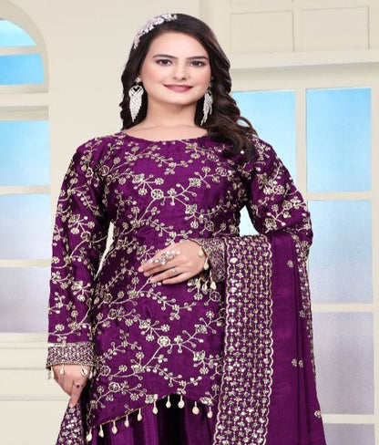 Women's Heavy Chinon Embroidery work Kurta with Sharara and Dupatta set