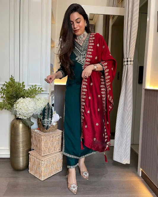 Women's Chinon fabric Embroidery work Kurta with Pant and Dupatta set 79