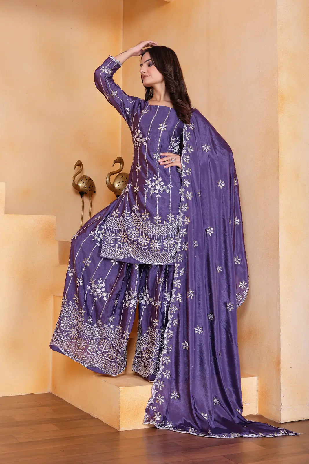 Women's Gorgeous Embroidery Work Chinon Fabric Straight Kurta Sharara and Dupatta Set 11