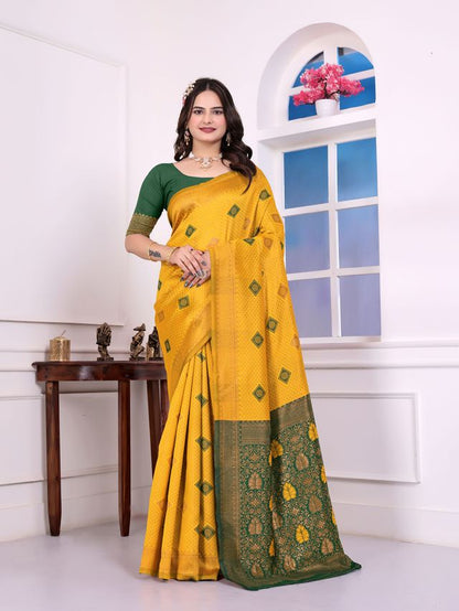 Yellow Color Festive Special Traditional Art Silk Woven Designer Saree