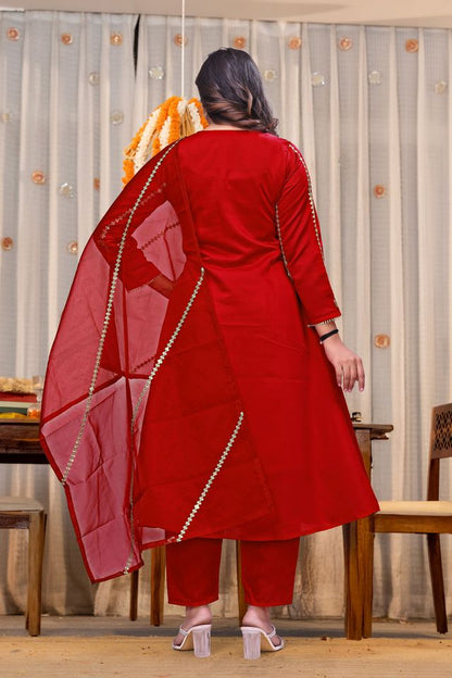 Red Color Beautiful Partywear Kurta Set With Dupatta For Stylish Looks
