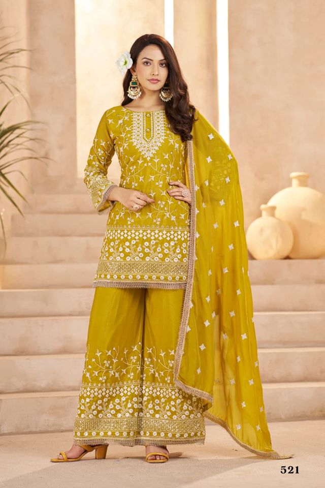 Mustard Yellow Georgette All Over Cotton Thread & Sequins Work Palazzo Sets Size upto 44
