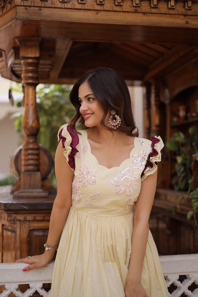 Off White Color Beautiful Girlie Readymade Gown For Graceful Girlie Looks