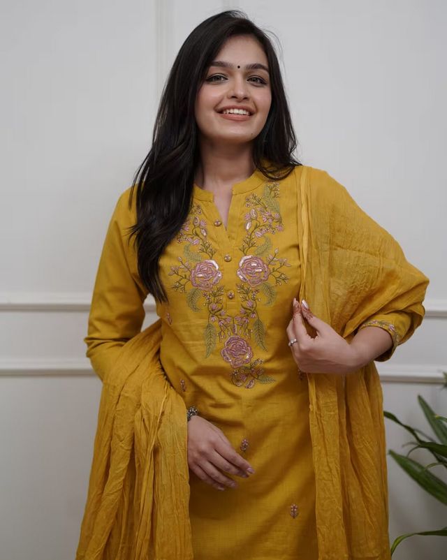 Mustard Color Ethnic Cotton Silk Fabric Readymade Kurta Set With Dupatta