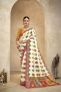 Graceful Ethnic Off White Color Bollywood Style Crepe Silk Designer Digital Foil Printed Saree