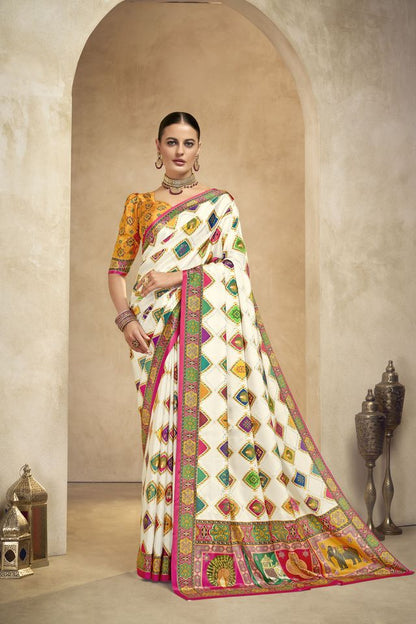Graceful Ethnic Off White Color Bollywood Style Crepe Silk Designer Digital Foil Printed Saree