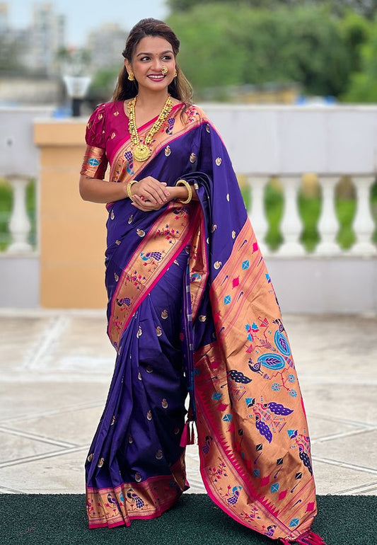 Violet Color Soft Silk Fabric Woven Meenakari Designer Ethnic Partywear Saree