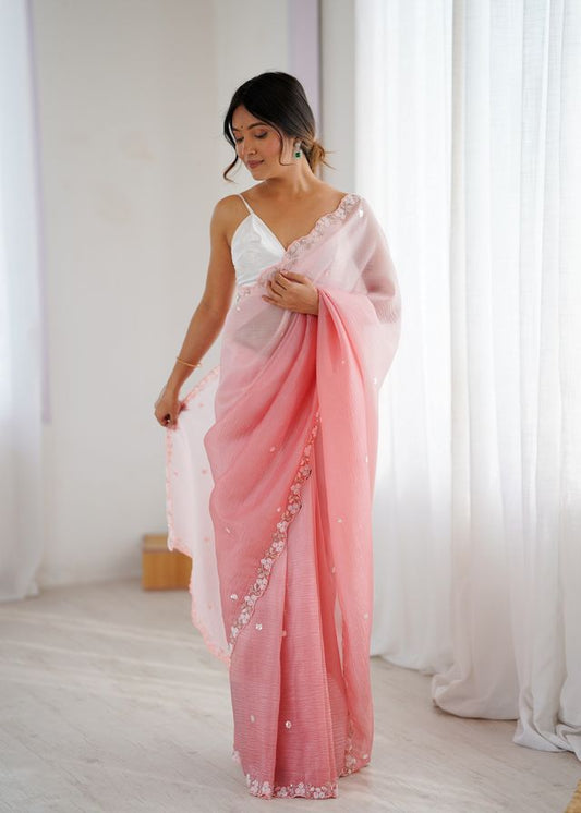 Pink Color Chiffon Crush Fabric Beautiful Sophisticated Work Ceremonial Saree