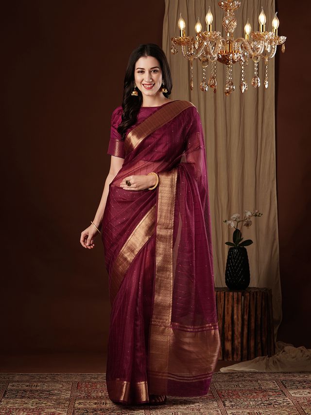 Wine Color Girlie Organza Fabric Woven Jacquard Designer Saree
