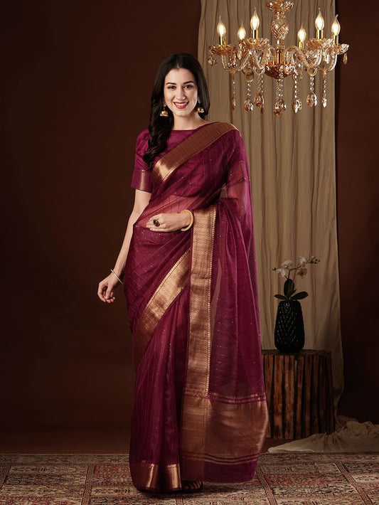 Wine Color Girlie Organza Fabric Woven Jacquard Designer Saree