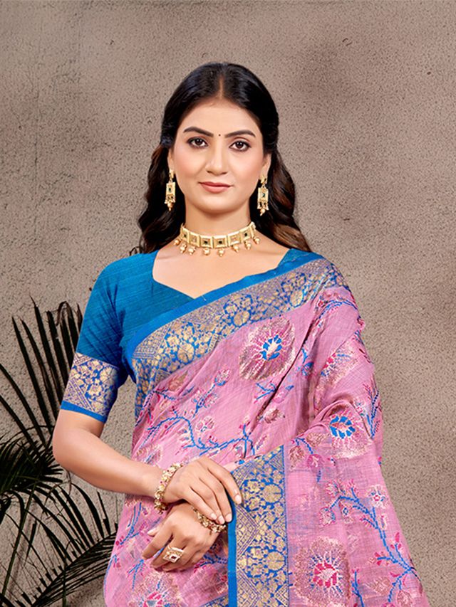 Light Pink Color Cotton Silk Fabric Woven Meenakari Designer Partywear Saree