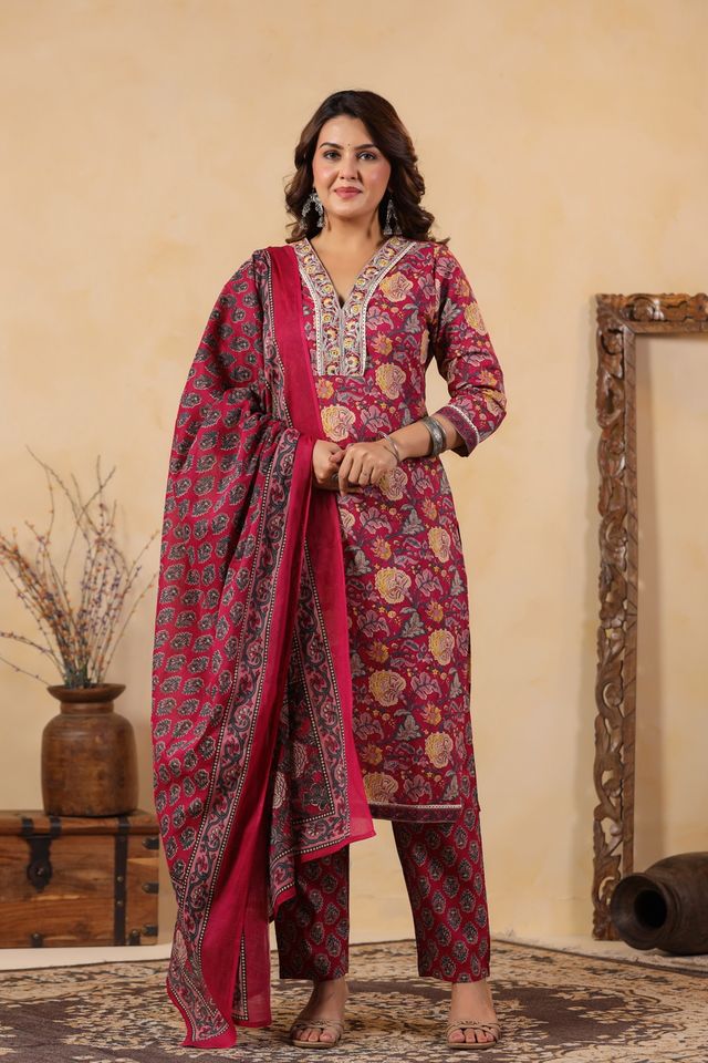 Pink Color Cotton Fabric Stylish And Trendy Kurta Set For Ethnic Girls