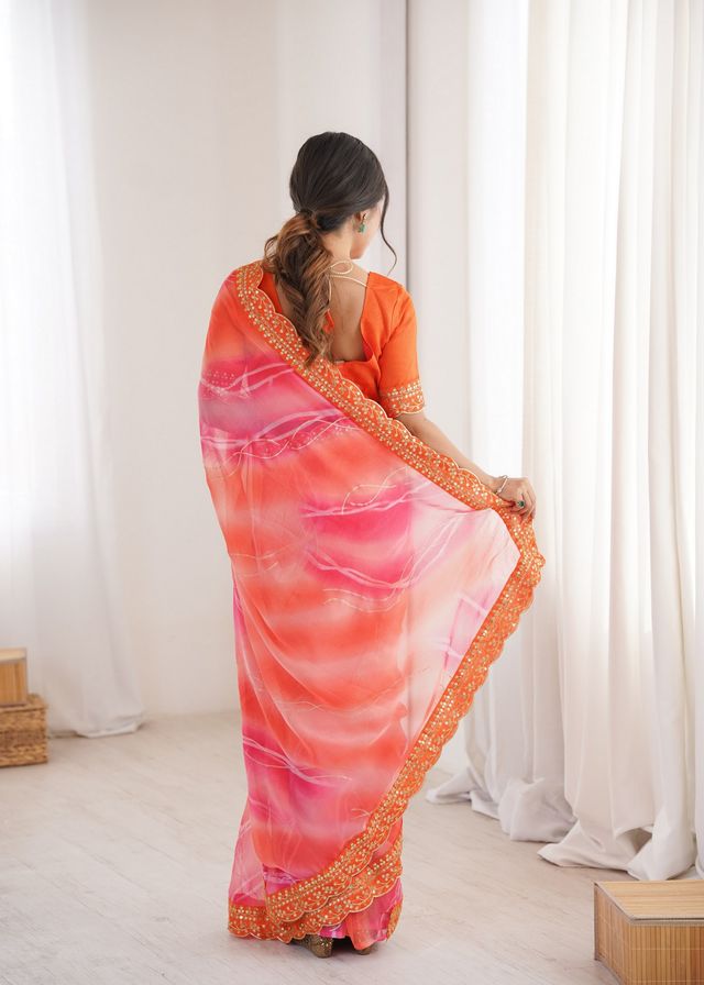 Orange Color Georgette Chiffon Fabric Saree With Designer Festive Looks Saree