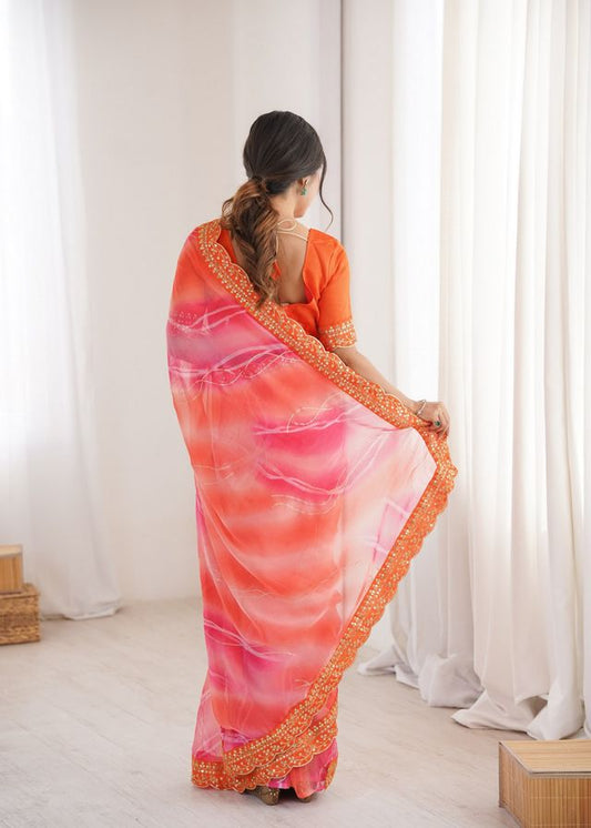Orange Color Georgette Chiffon Fabric Saree With Designer Festive Looks Saree