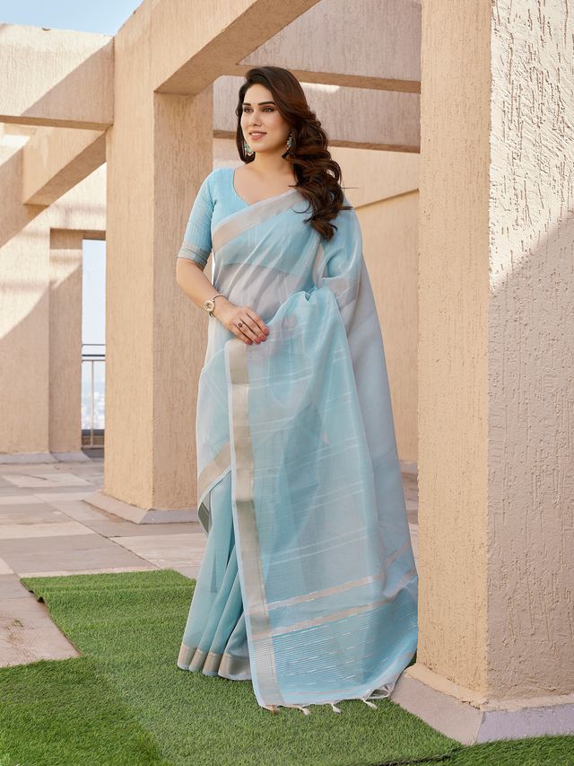 Firozi Color Tissue Linen Silk Fabric Weaving Jari Lining Designer Saree