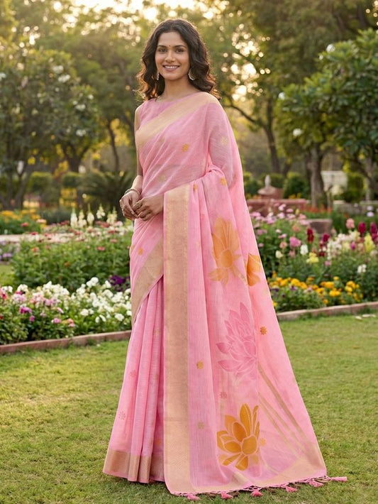 Pink Color Linen Cotton Fabric Woven Designer Partywear Saree