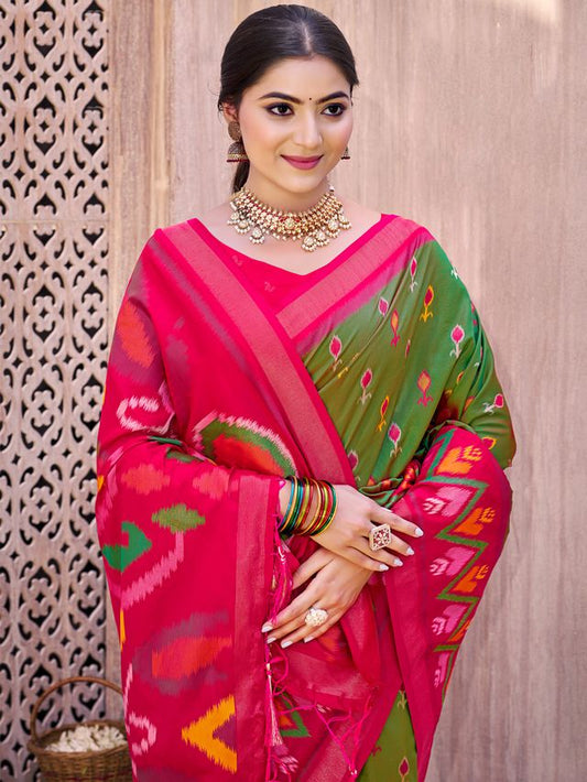 Mehandi Color Pochampalli Silk Fabric Designer Woven Ethnic Ceremonial Saree