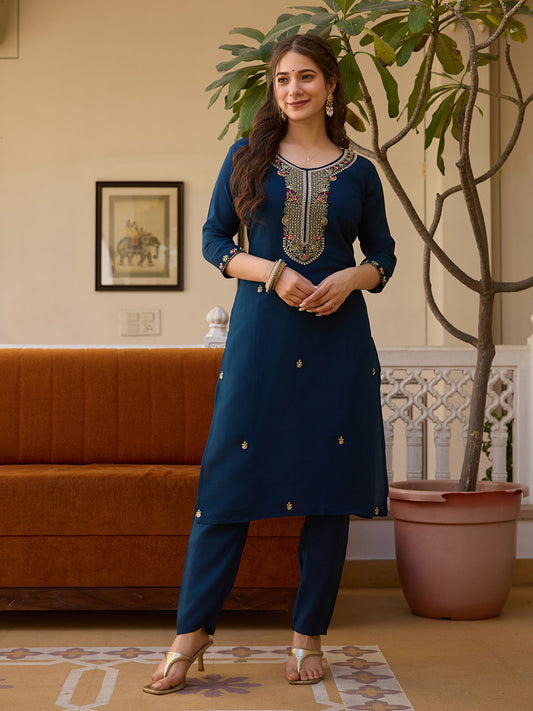 Viscose Chanderi Fabric Straight Kurta, Pant and Dupatta Set