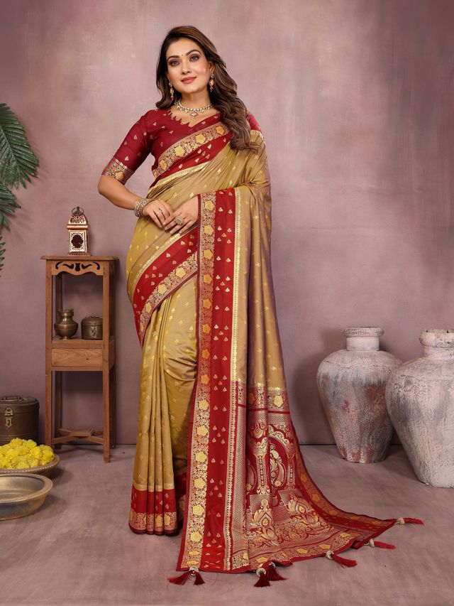 Orange Color Handloom Silk Fabric Weaving Designer Ethnic Partywear Saree