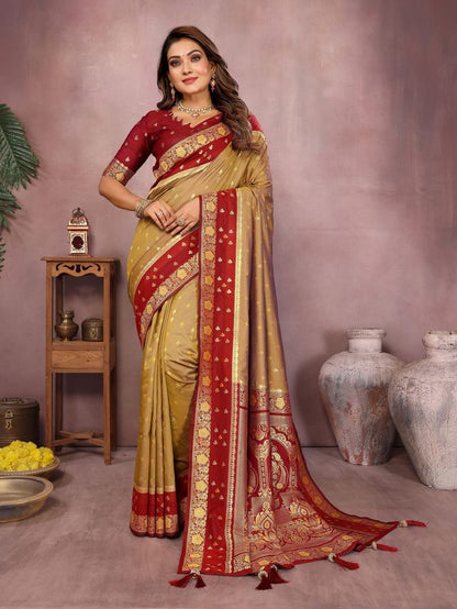 Orange Color Handloom Silk Fabric Weaving Designer Ethnic Partywear Saree