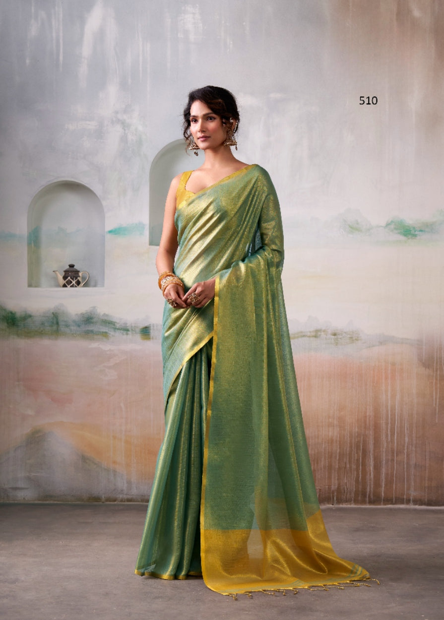 Green Handloom Tissue Silk Self Woven Plain Saree