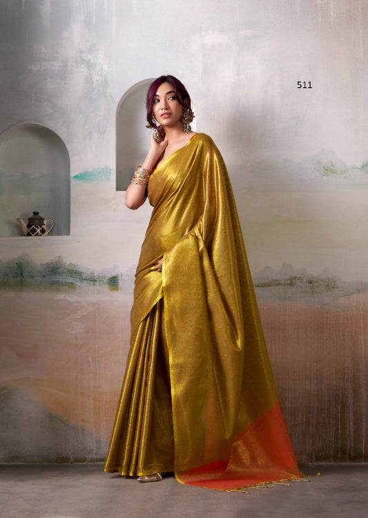 Gold Handloom Tissue Silk Self Woven Plain Saree