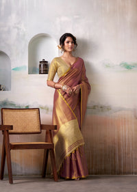 Pink Gold Handloom Tissue Silk Self Woven Plain Saree
