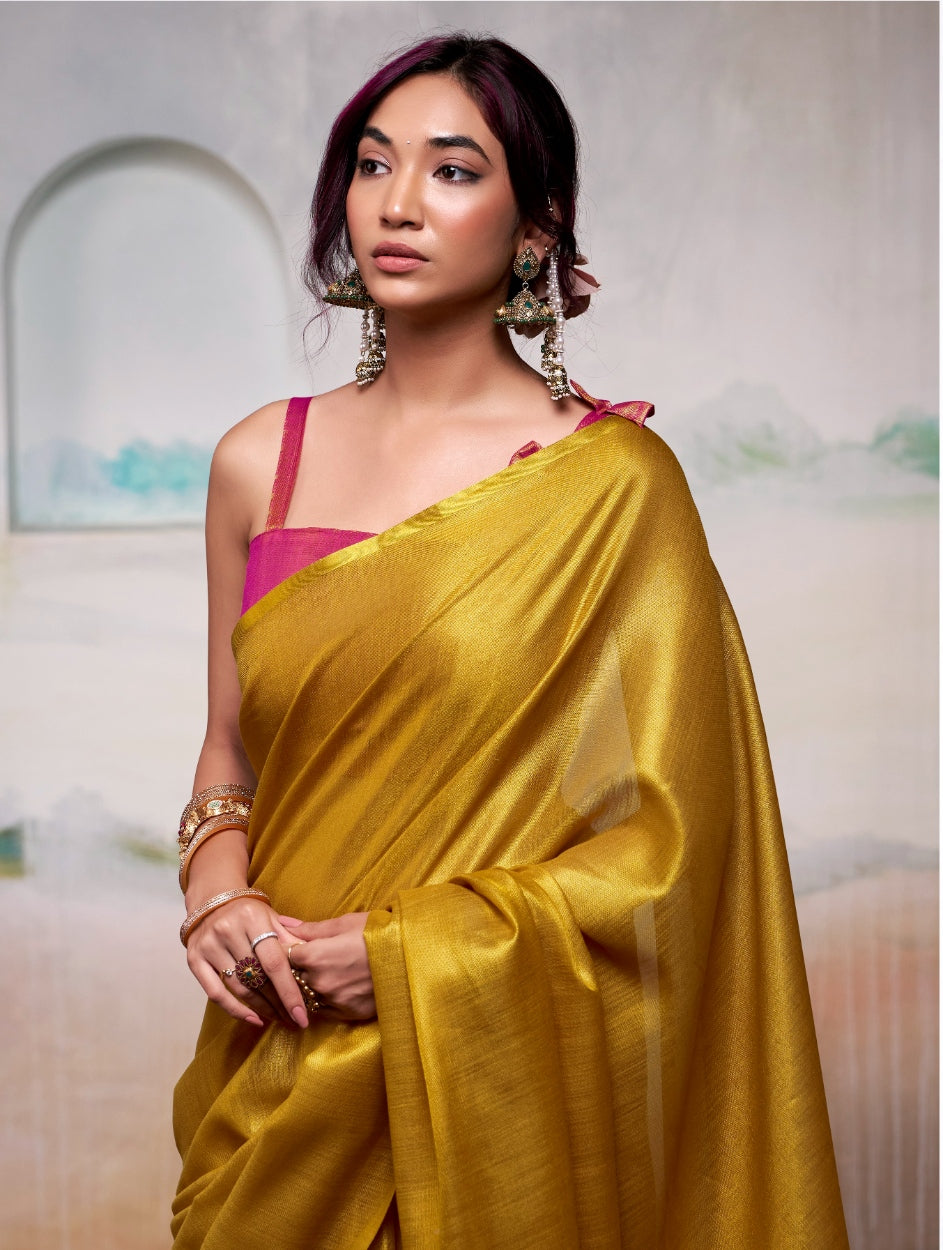 Yellow Handloom Tissue Silk Self Woven Plain Saree