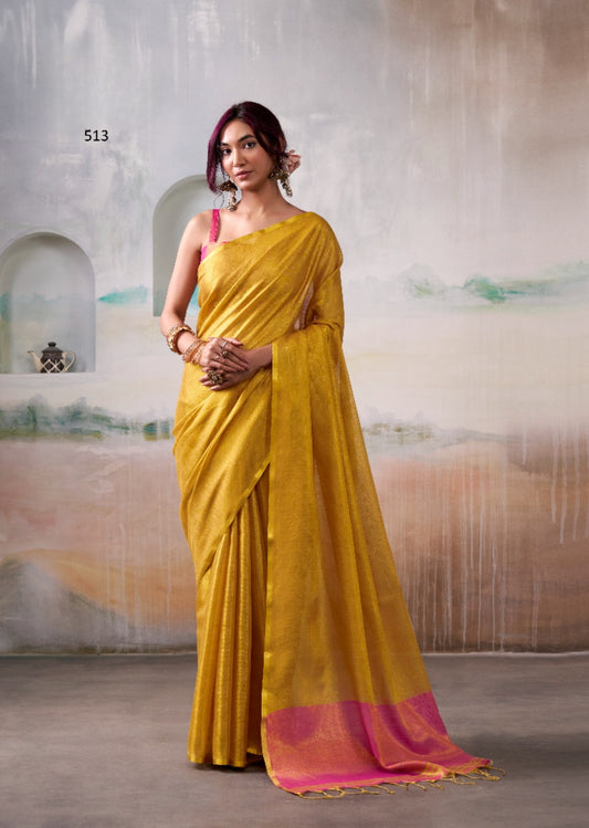 Yellow Handloom Tissue Silk Self Woven Plain Saree