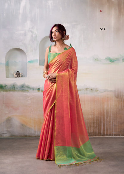 Red Handloom Tissue Silk Self Woven Plain Saree