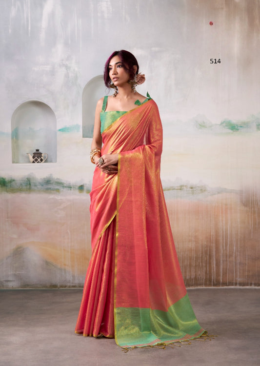 Red Handloom Tissue Silk Self Woven Plain Saree