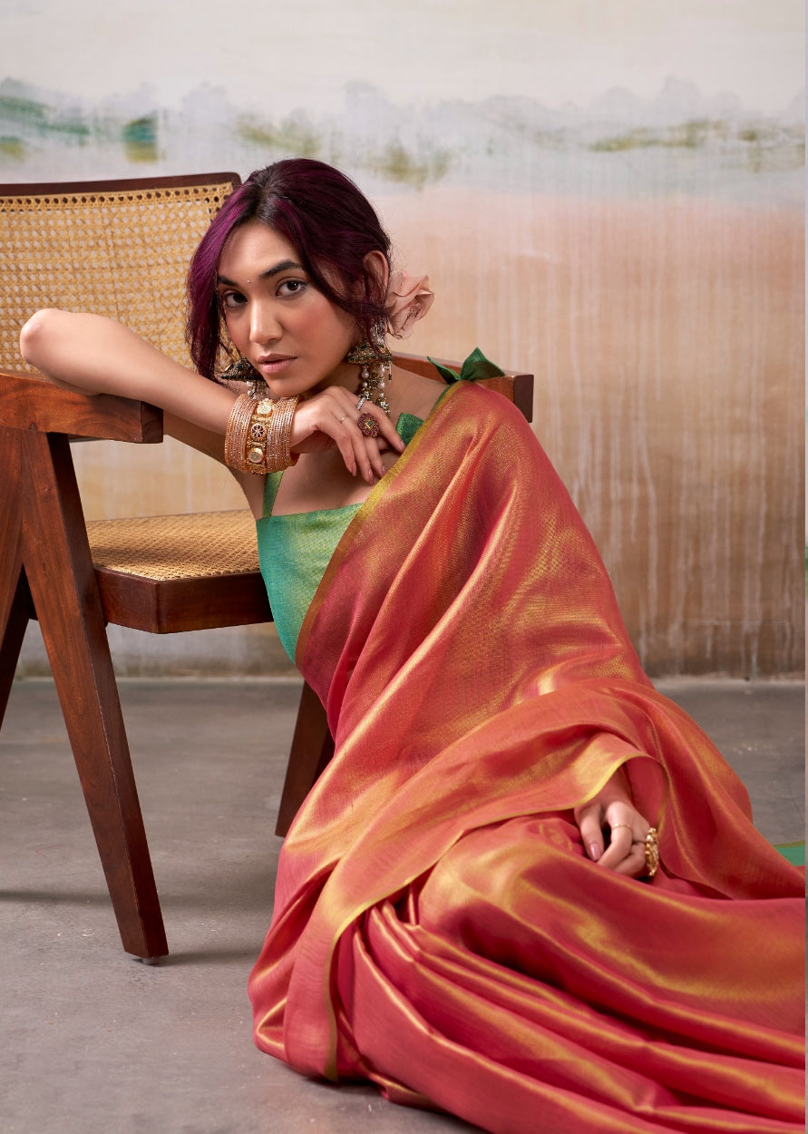 Red Handloom Tissue Silk Self Woven Plain Saree