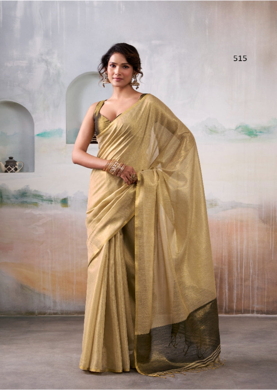 Beige Handloom Tissue Silk Self Woven Plain Saree