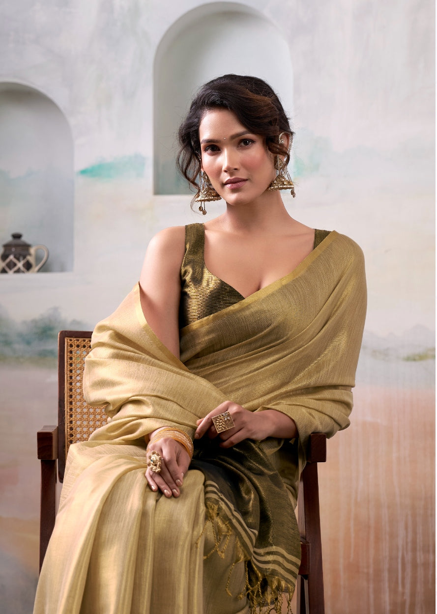 Beige Handloom Tissue Silk Self Woven Plain Saree