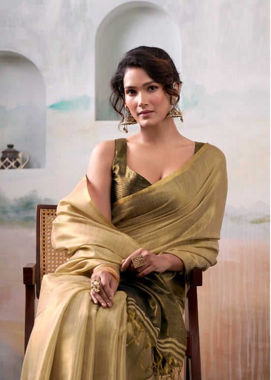 Beige Handloom Tissue Silk Self Woven Plain Saree